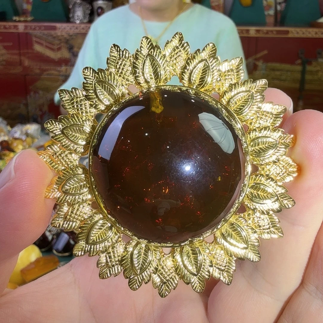 琥珀银S925镀金镶嵌吊坠(赠链)胸针