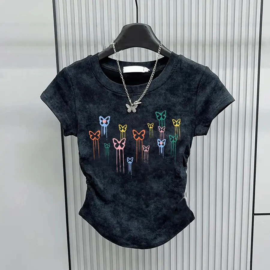 92棉扎染正肩短袖t恤女夏小众短款百搭显瘦褶皱收腰圆领上衣女