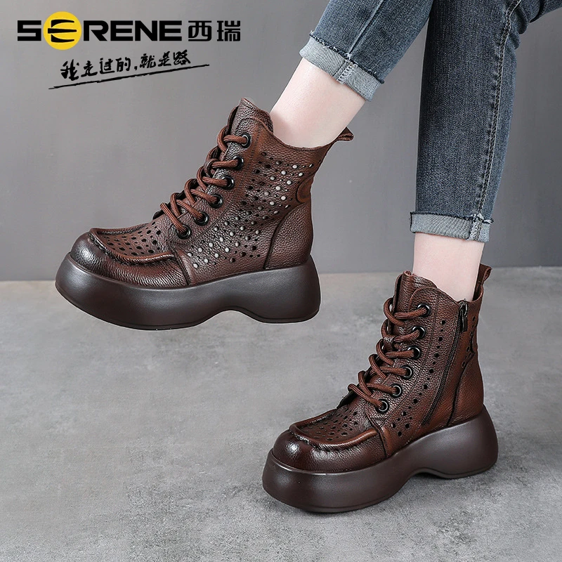 西瑞女鞋冬季复古民族风时装靴高帮透气镂空凉靴单靴牛皮马丁靴