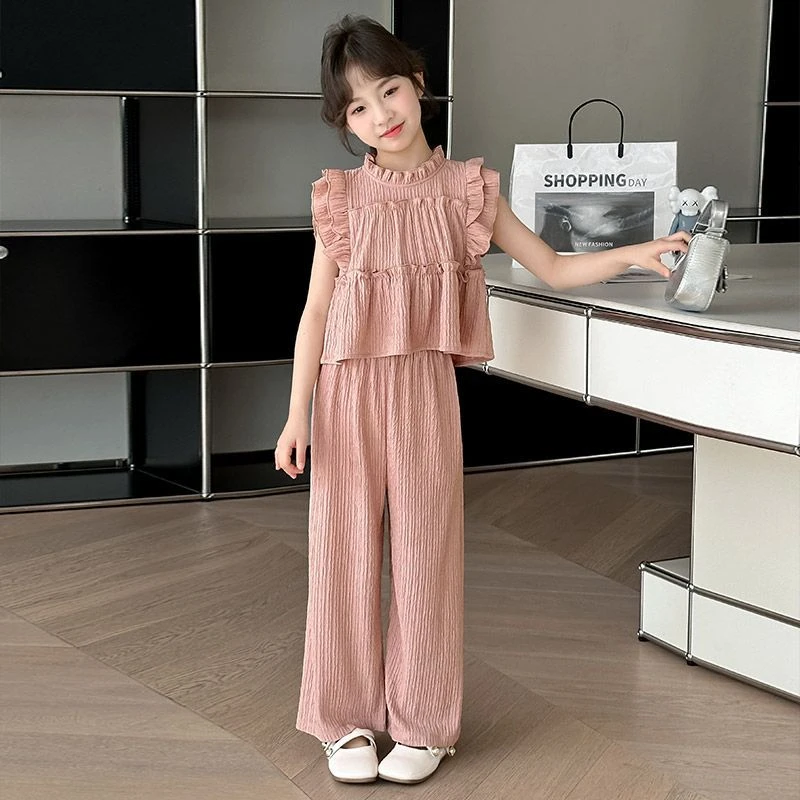 女童无袖套装夏装2025夏季新款韩版儿童大童雪纺阔腿裤女孩两件套