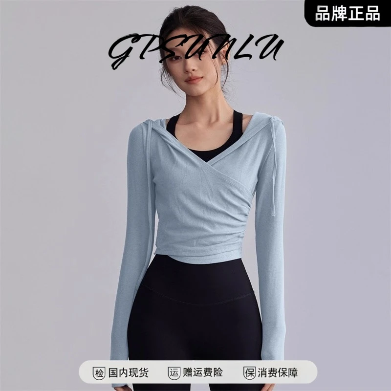 GPSUNLU连帽抽绳健身上衣女褶皱收腰瑜伽服长袖V领外穿运动服