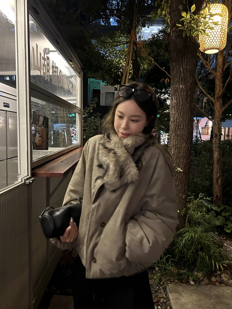 DYANGJUN【复古密码】冬季新款麂皮带围巾棉服休闲外套