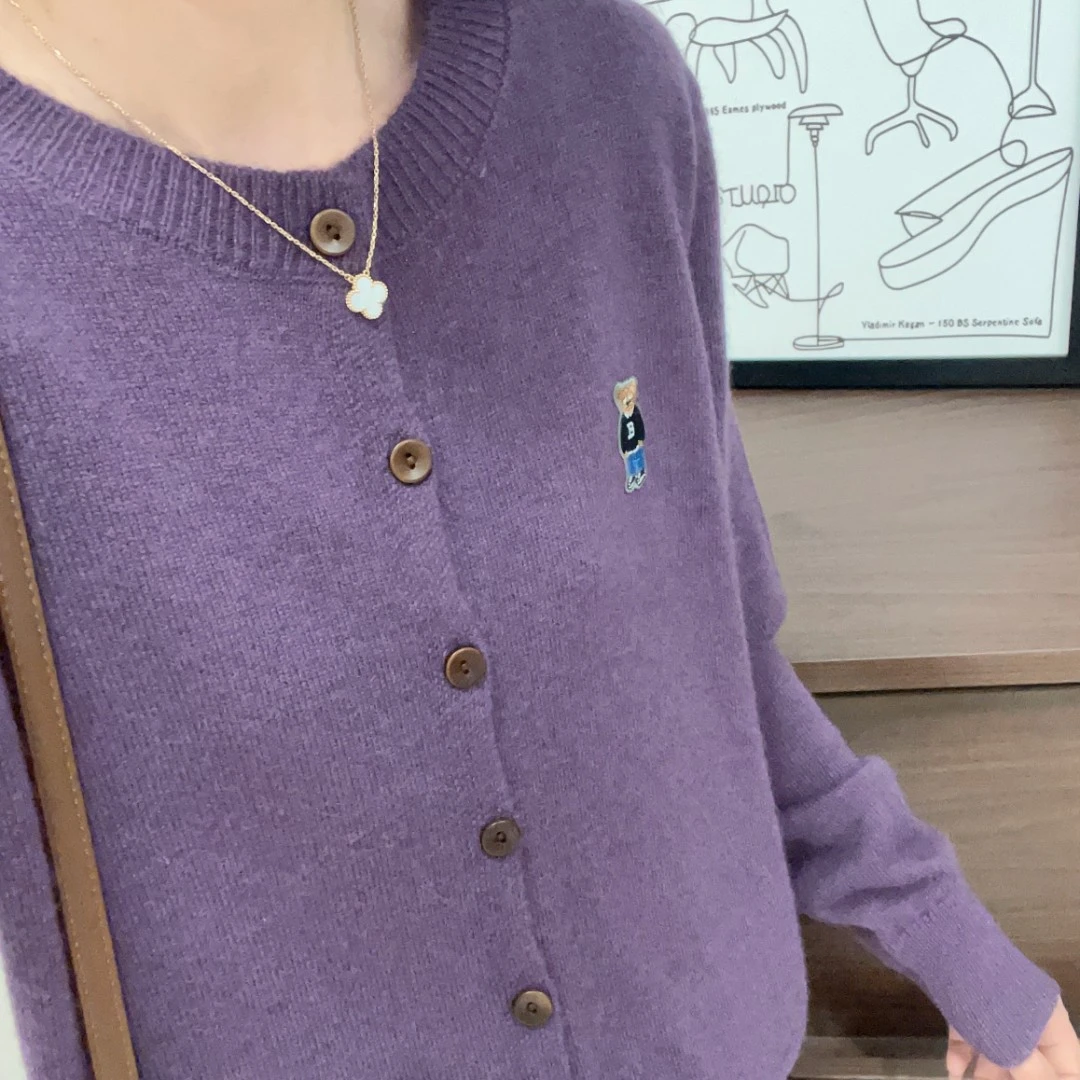 【浣熊绒纯色紫色小熊刺绣开衫】宽松韩版百搭时尚春秋长袖针织衫