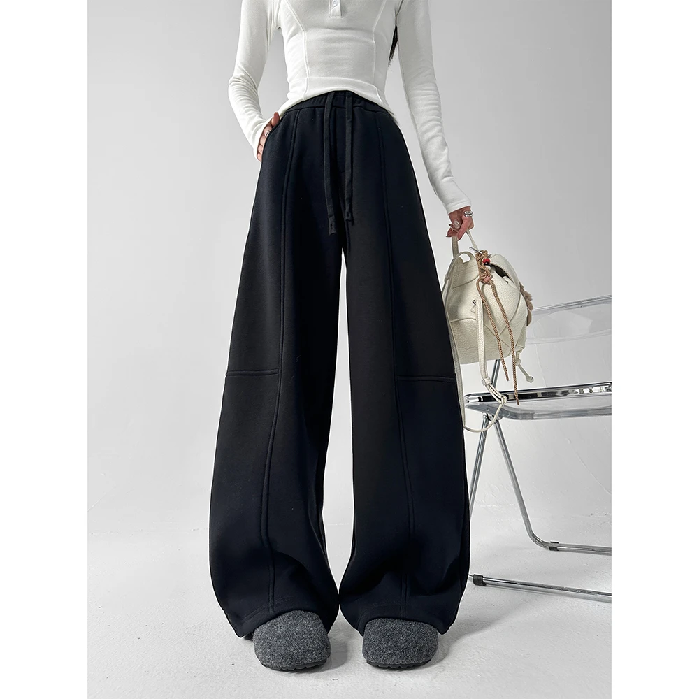 动感少女加绒加厚美式复古休闲运动裤女冬季宽松设计感高腰阔腿裤