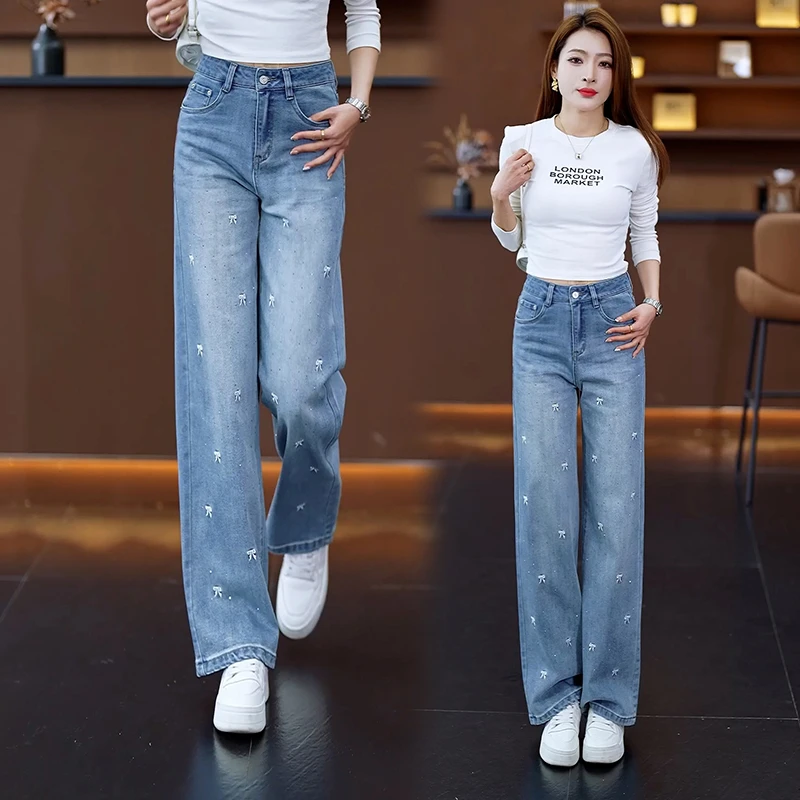 2025款重工刺绣烫钻显瘦直筒裤美式高街宽松高腰窄版百搭阔腿裤