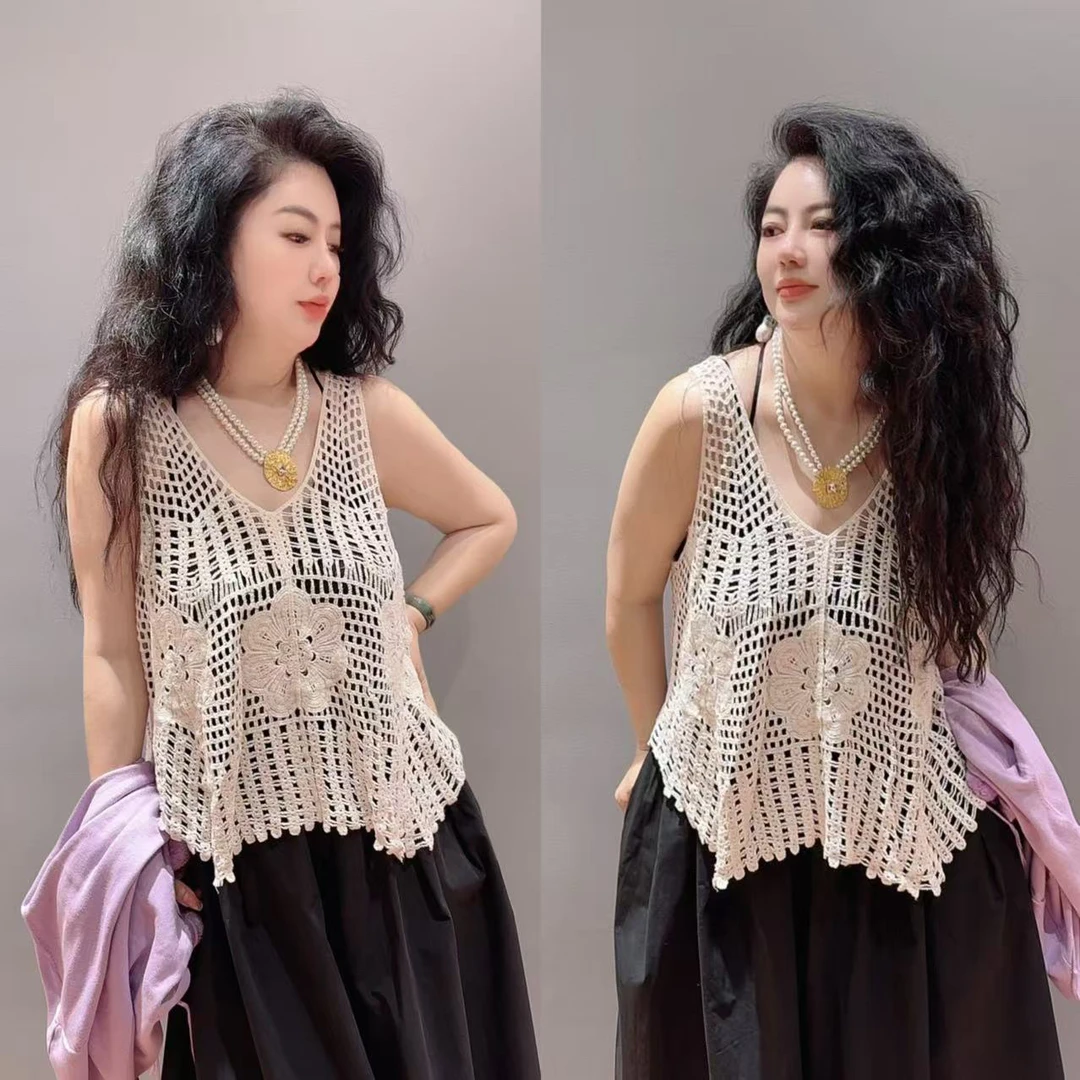 臭朵朵家 小众设计复古镂空针织吊带衫百拱时尚洋气
