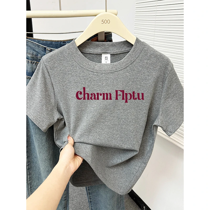 潮牌复古简约字母印花正肩短袖t恤女夏季新款花灰色大码休闲上衣