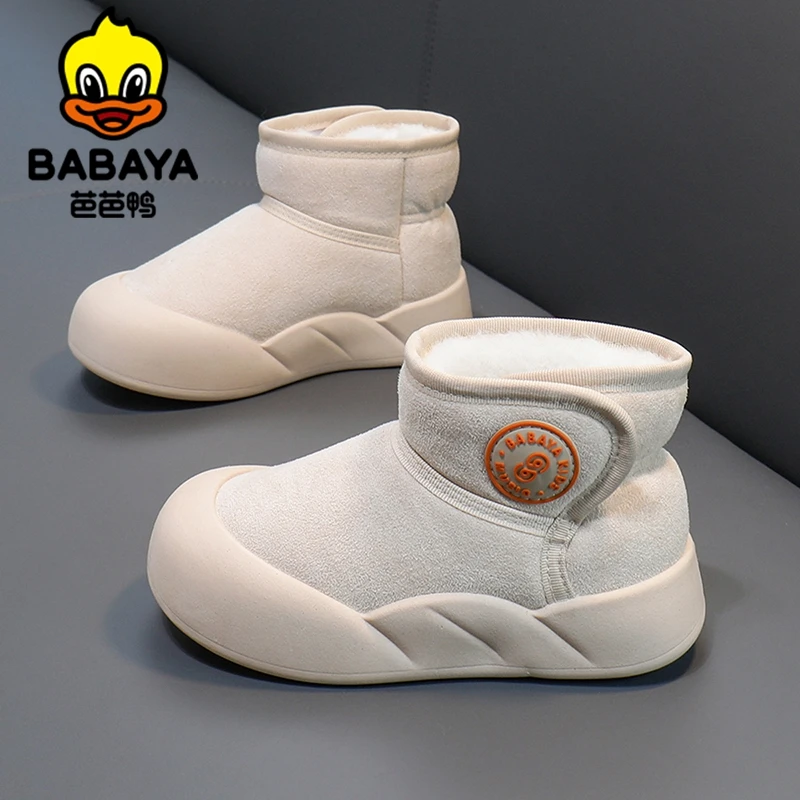 芭芭鸭儿童雪地靴加绒保暖女童短靴2025新款冬季加厚防滑男童棉靴