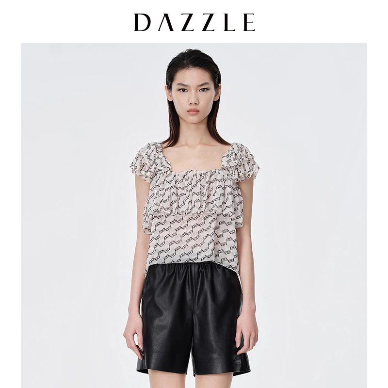 【下架】DAZZLE地素奥莱 时尚气质法式小众荷叶边印花短袖衬衫上衣2