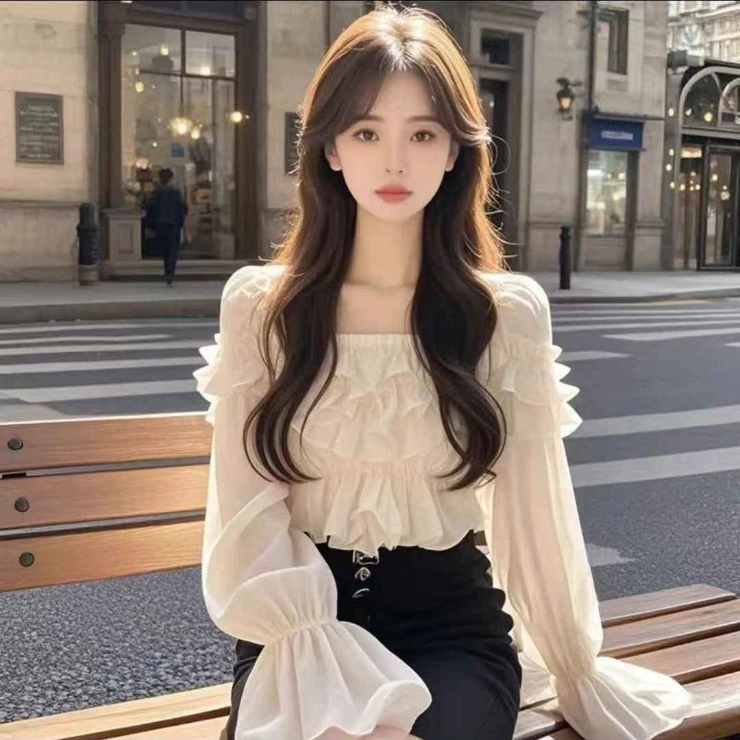 法式名媛风杏色方领荷叶边设计长袖女欲气质修身显瘦短款小上衣