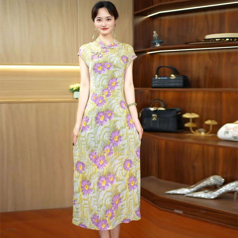 A-297中长款改良旗袍连衣裙2025新款年轻款女修身夏季中式