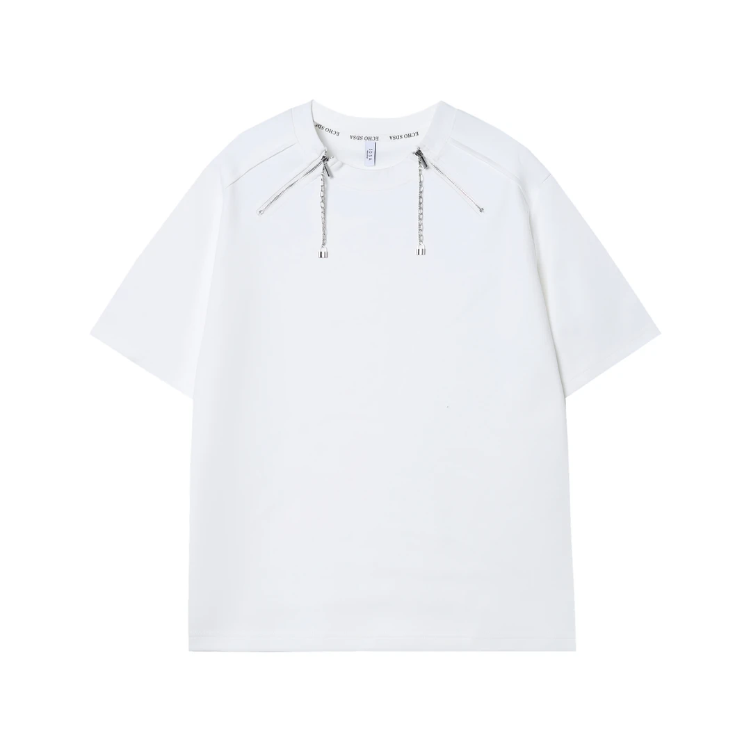 T555春夏男士短袖欧美潮牌小众设计感侧拉链重磅休闲圆领半袖上衣