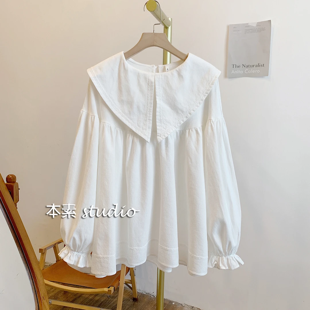 C1097华夫格蕾丝边娃娃领衬衫