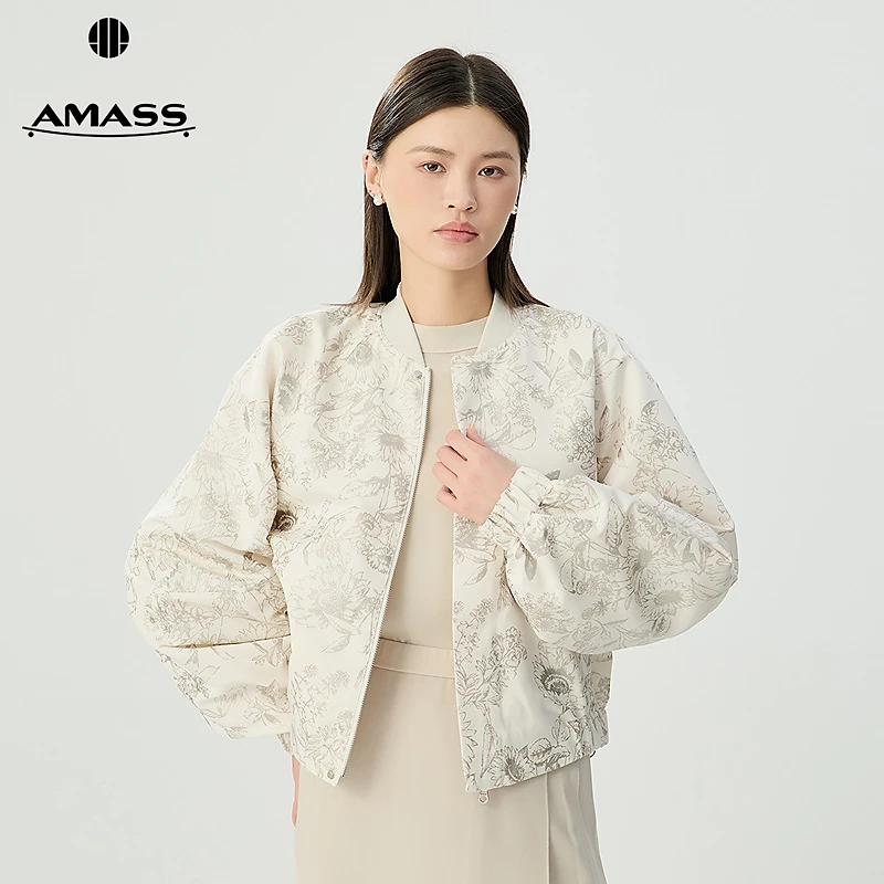 阿玛施AMASS新款插肩灯笼袖立领暗门襟下摆松紧棒球夹克女540011