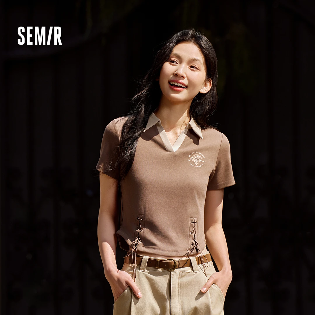 森马POLO衫女短款设计感绑带美式复古辣妹夏季修身印花上衣小心机