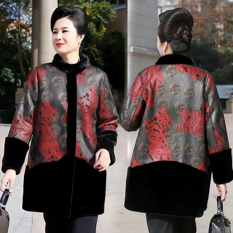 冬季中老年女装中长款加绒加厚高贵口袋花色大码妈妈装宽松中国风