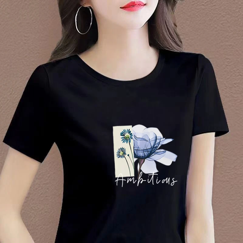 纯棉短袖t恤女夏季圆领印花宽松半袖女士时尚休闲洋气韩版体恤潮t