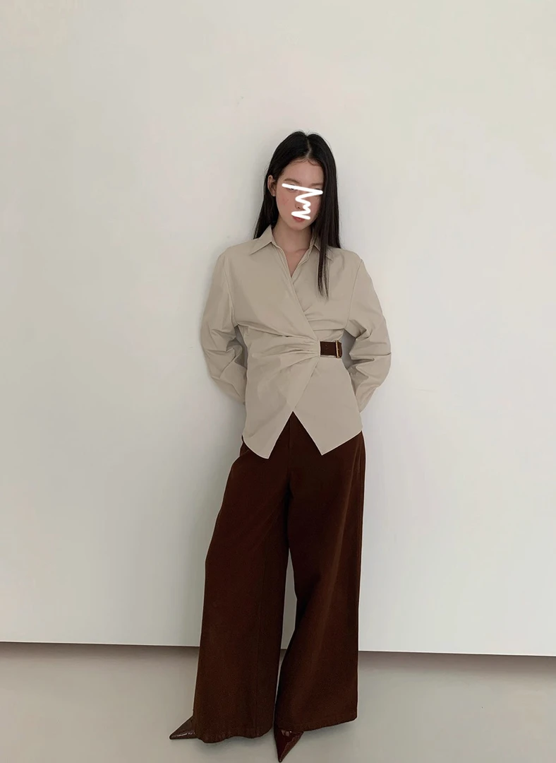 入秋穿搭套装腰带收腰长袖衬衫女装秋季高腰直筒阔腿休闲裤两件套