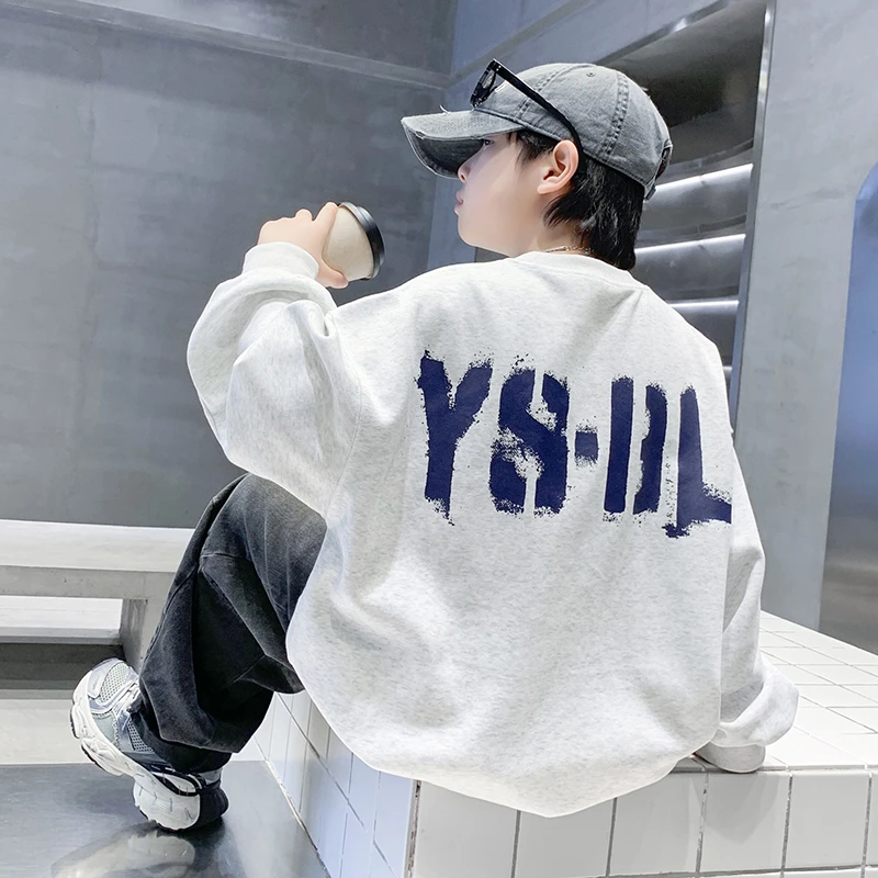 男童灰色字母印花卫衣春秋款2025新款儿童韩版休闲套头上衣中大童