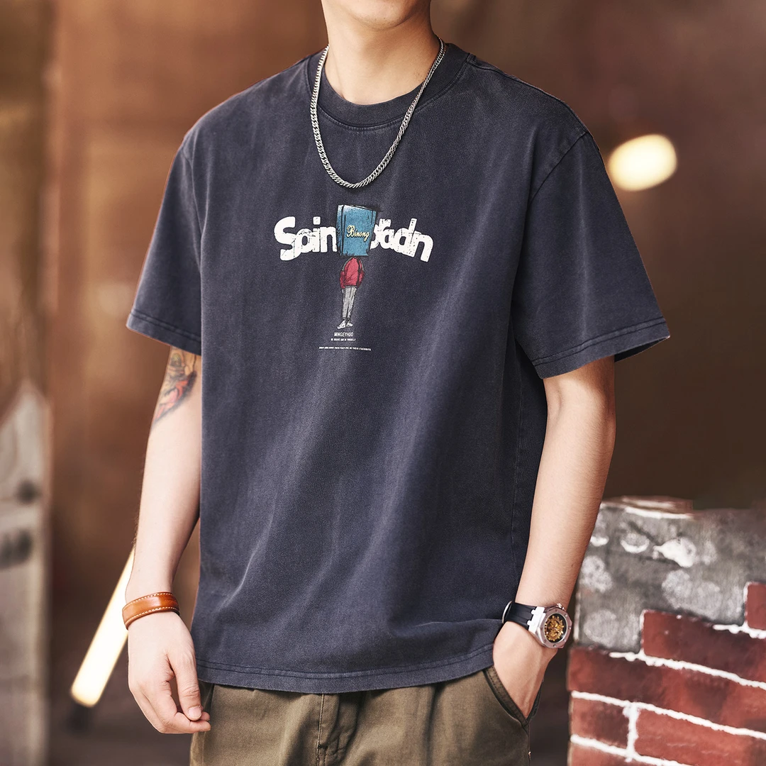 格蓝鹿美式复古重磅水洗纯棉短袖t恤男2025夏季新款圆领印花半袖