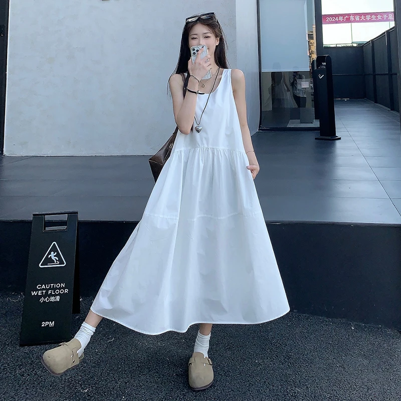 白色吊带无袖中长款裙韩版宽松休闲时尚显瘦长袖开衫纯色夏季套装