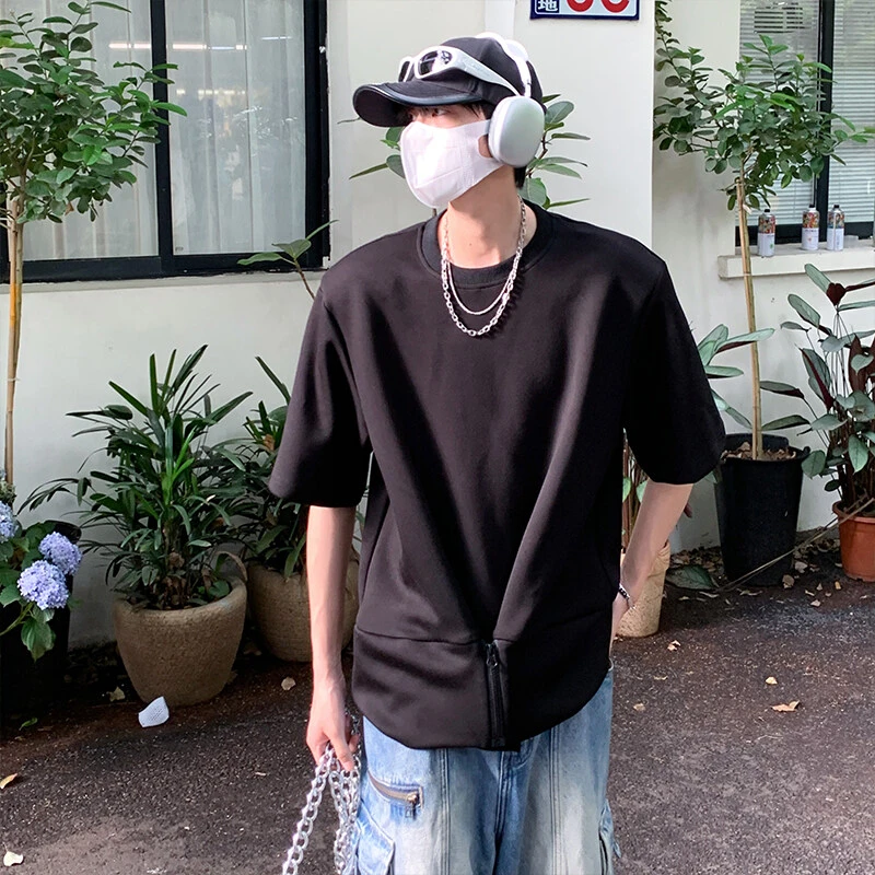 HT10187夏季潮牌港风复古学院风设计感纯色情侣百搭圆领短袖t恤