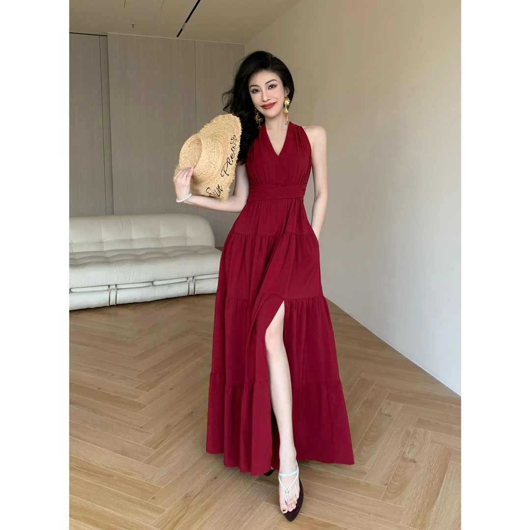 JIJINQI时尚气质高腰挂脖长裙夏季设计感红色连衣裙女JD02LZXL581