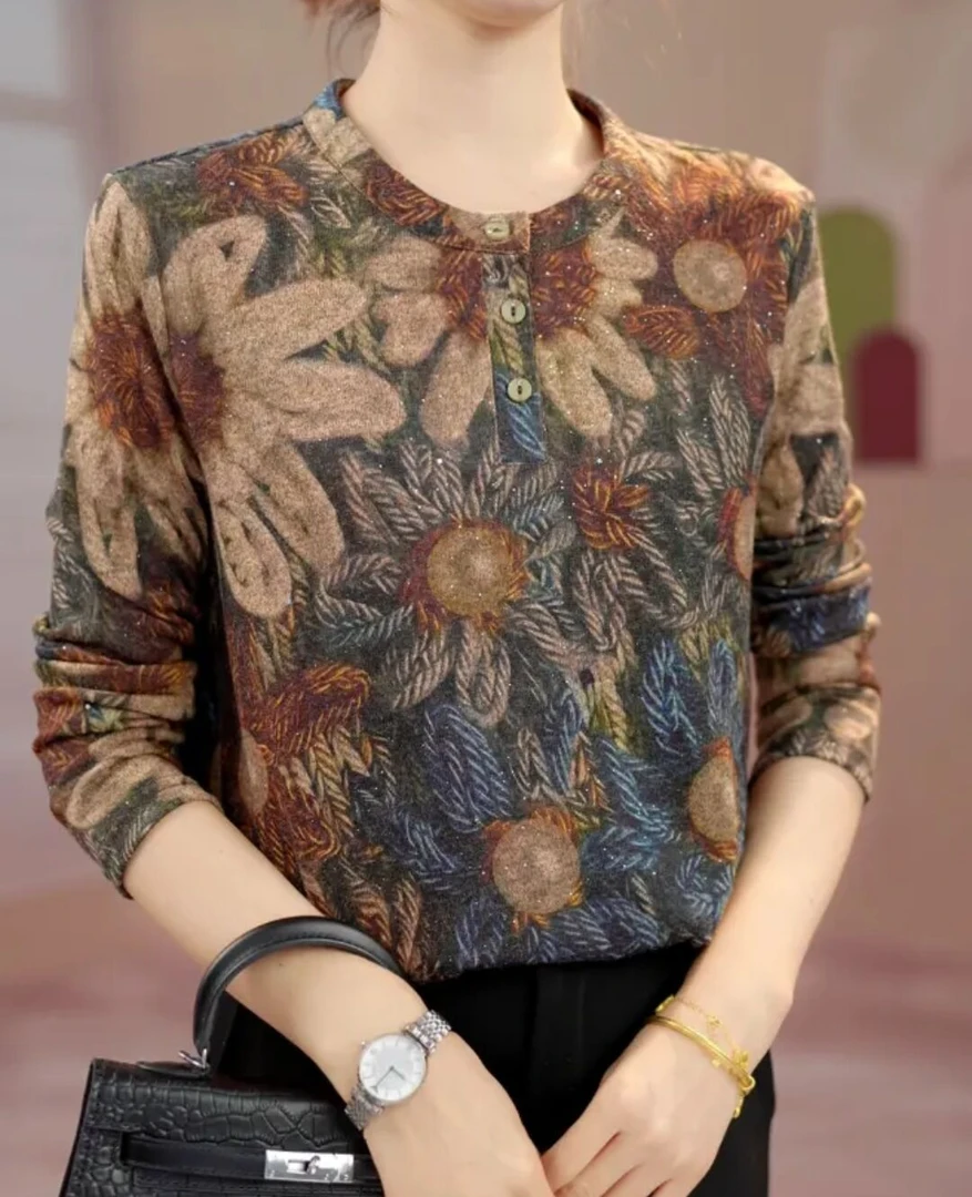 【洒银】秋天外穿薄款弹力印花针织衬衫长袖胖mm大码显瘦打底上衣