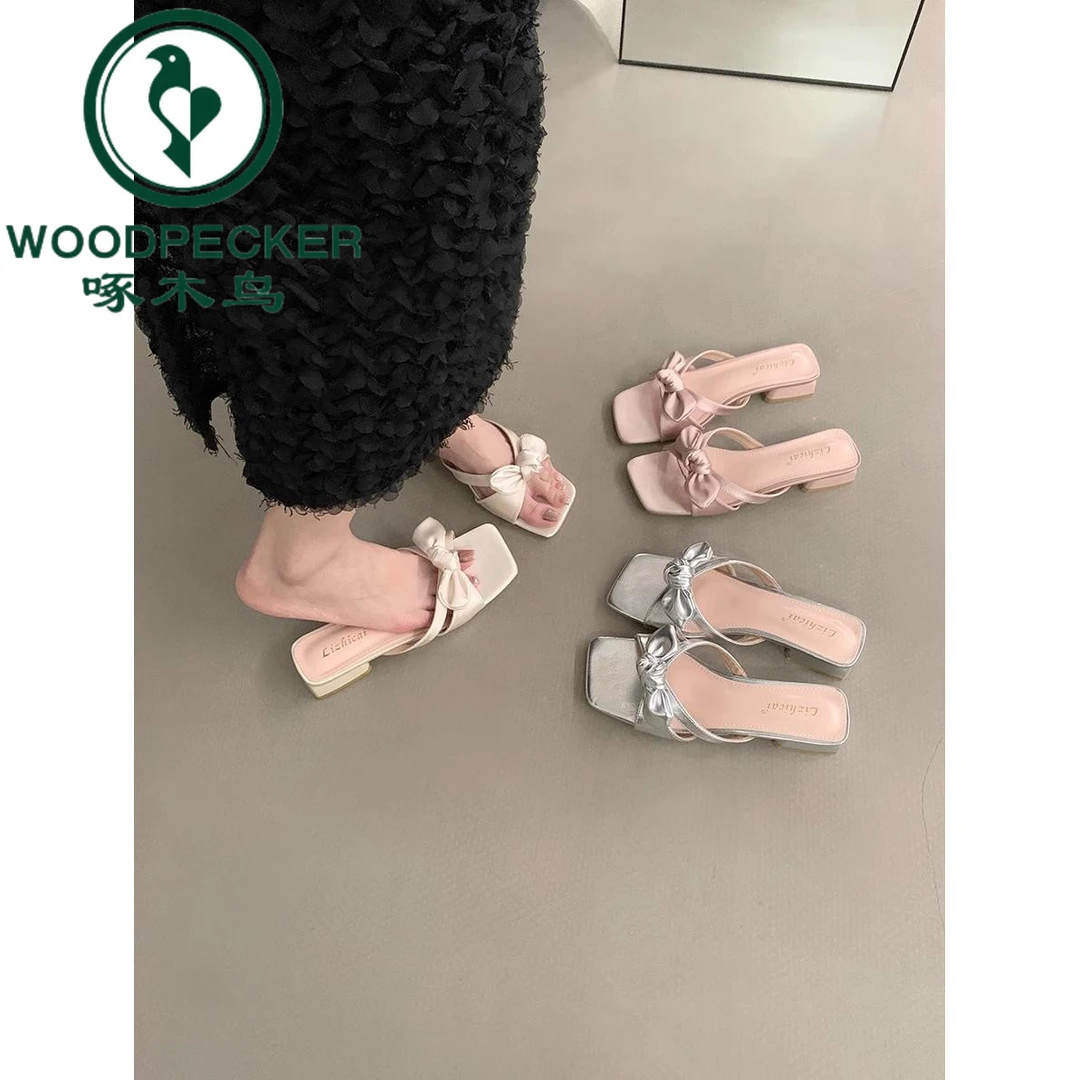 啄木鸟法式晚风拖鞋女夏外穿2025新款仙女粗跟蝴蝶结凉拖鞋配裙子