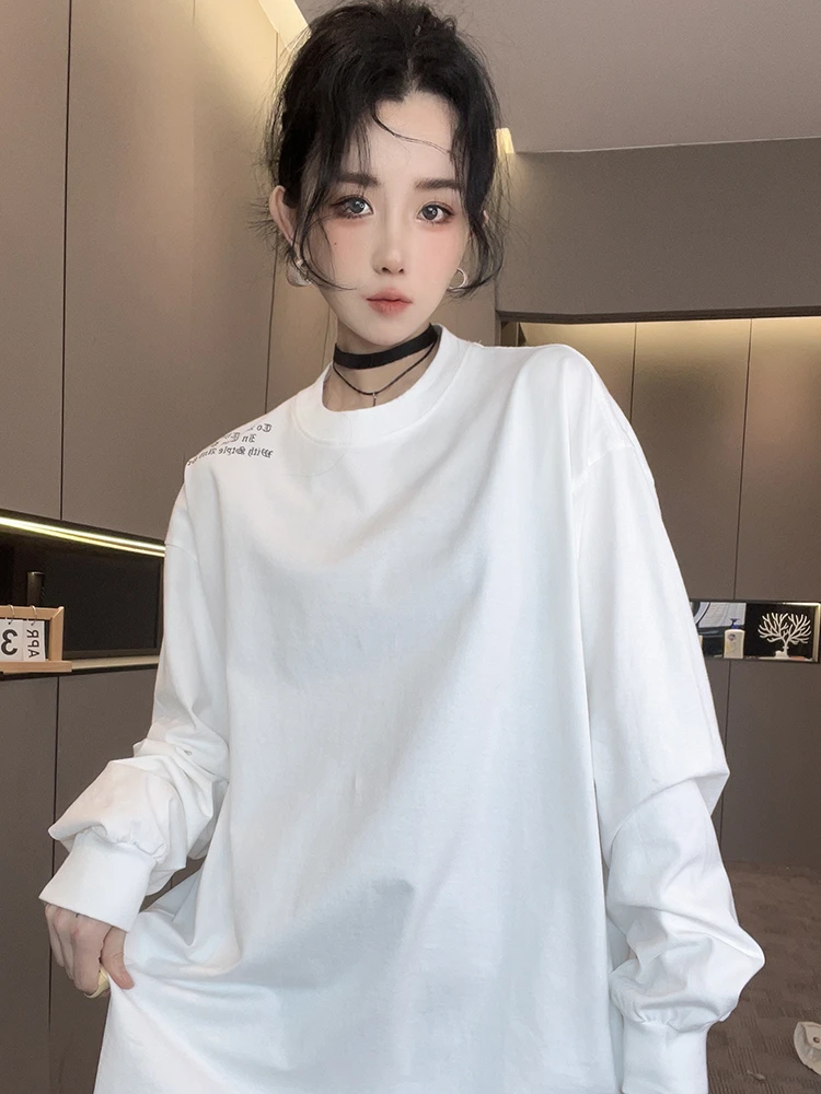 长袖T恤女2025秋冬新款宽松百搭中长款字母印花打底衫圆领上衣
