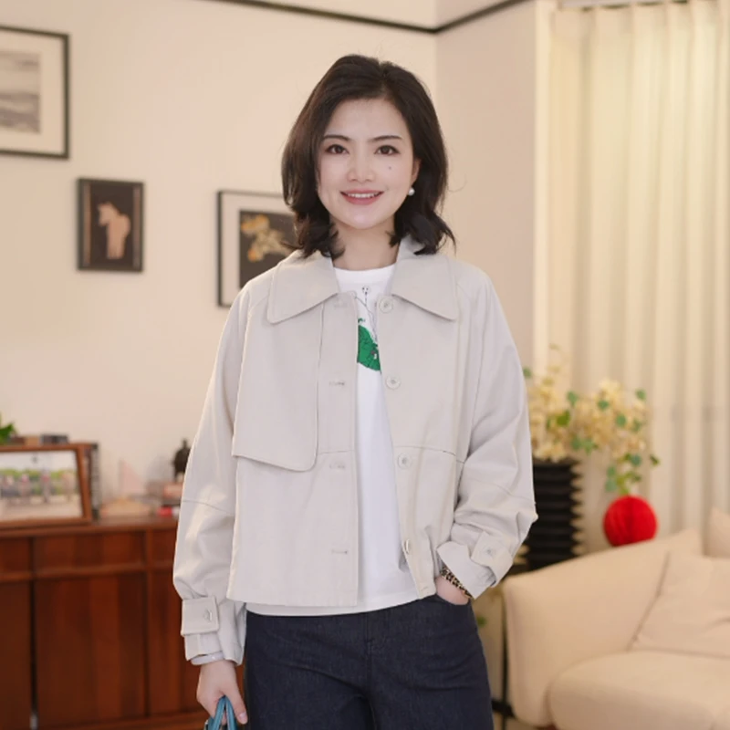 枫竺阿楠anan 时光访客 时尚休闲通勤翻领单排扣拼接短款风衣女春