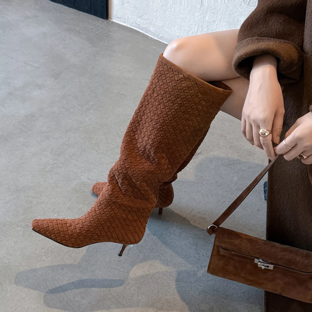 真皮复古编织方头高跟骑士靴女高筒堆堆靴2025秋冬新款不过膝长靴
