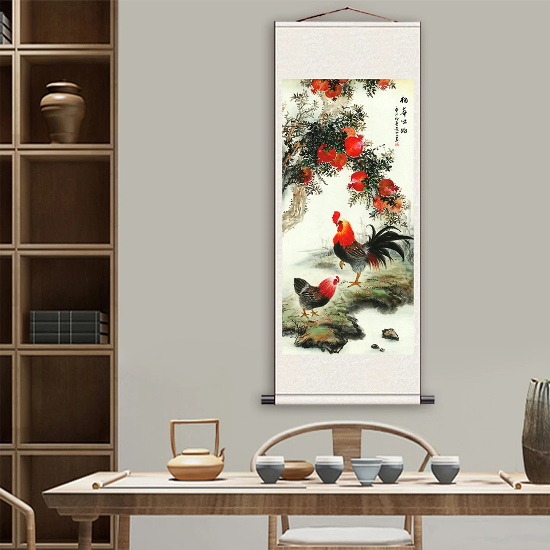 《石榴公鸡》竖版国风现代装饰画