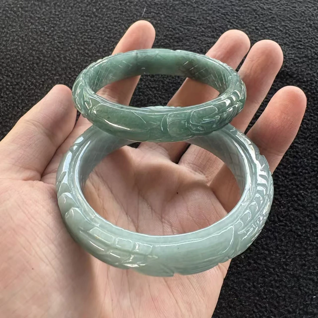 天然a货翡翠蓝水雕花手镯 —多样性发一01yn54