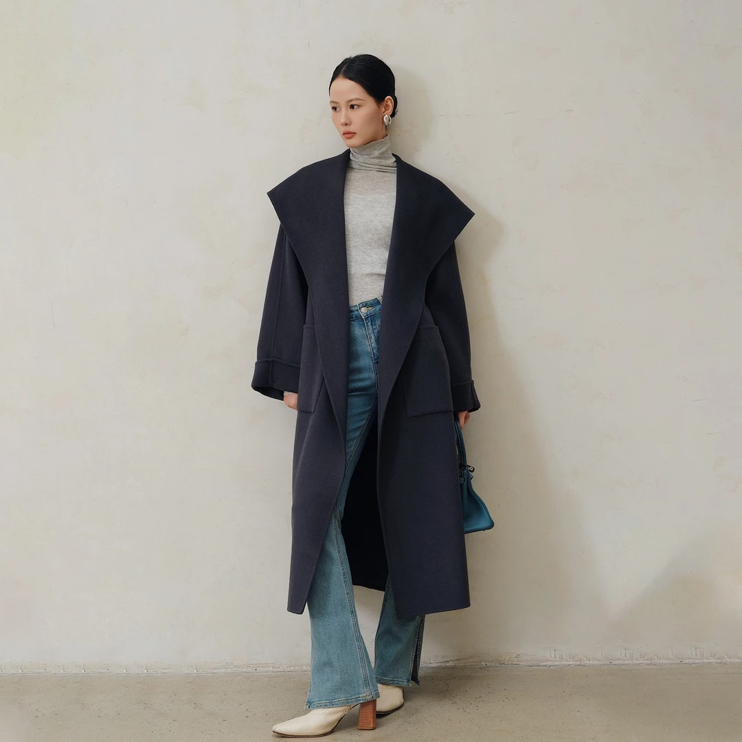 戛纳之夜浴袍式连帽中长款绵羊毛大衣秋冬新款2025双面毛呢外套女