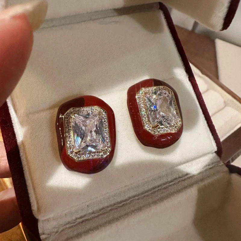 925银玻璃耳饰 银针镶钻滴油方形耳钉女港风复古气质百搭耳环轻奢