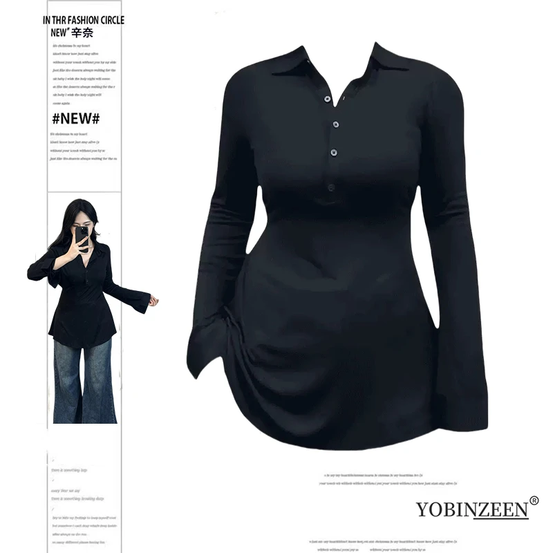 大码胖mm半开领长袖T恤春季收腰显瘦设计感中长款腰系绑带上衣女