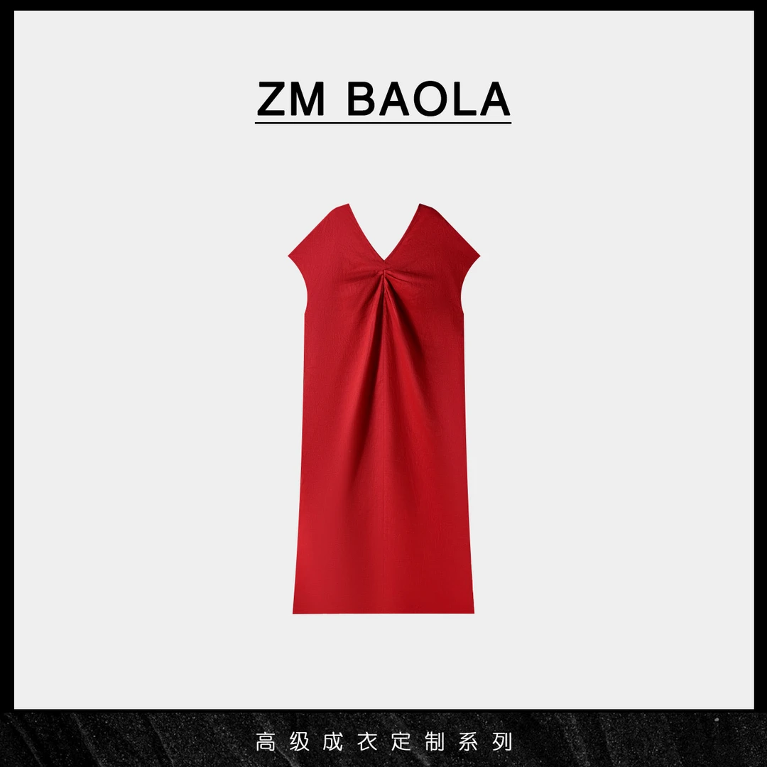ZM BAOLA【红意】褶位V领亚麻连衣裙X0054-M2