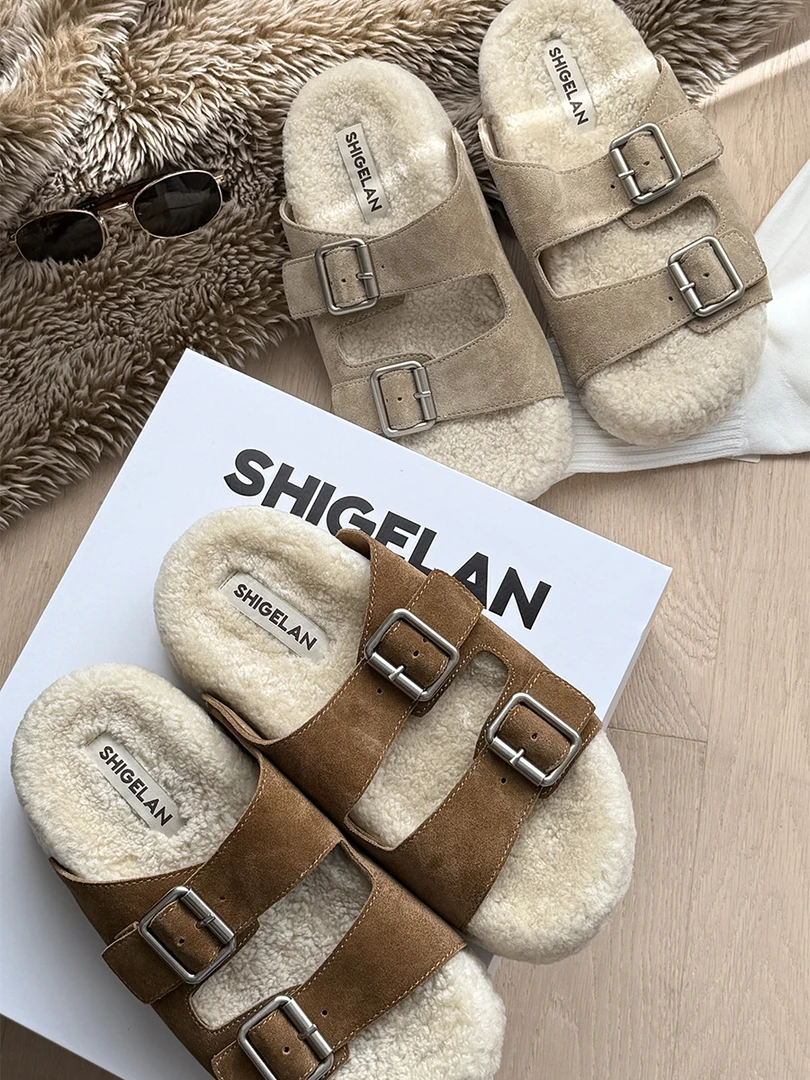 诗歌兰女鞋2025秋季新款真皮厚底增高勃肯鞋百搭系带毛毛拖鞋女潮