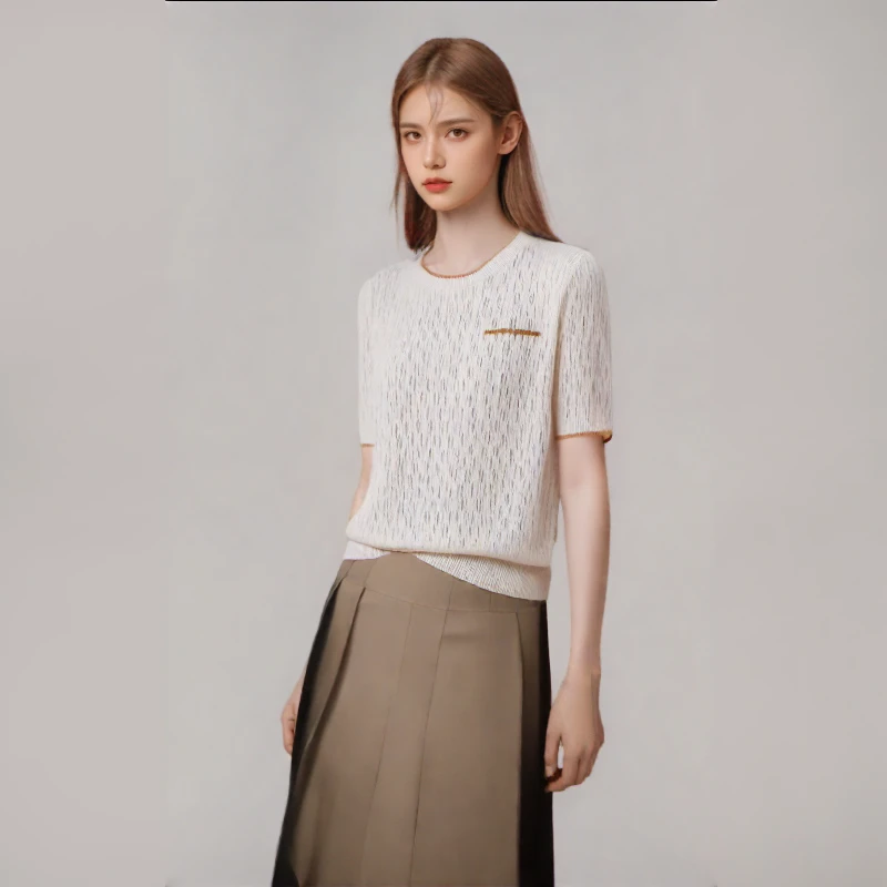 皮尔卡丹桑蚕丝短袖女t恤夏装薄款冰丝针织衫妈妈正肩短款上衣