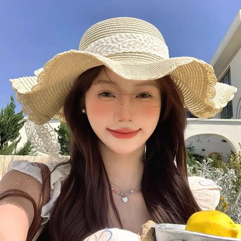 法式蕾丝蝴蝶结草帽女夏季甜美出游海边度假太阳帽大檐防晒遮阳帽