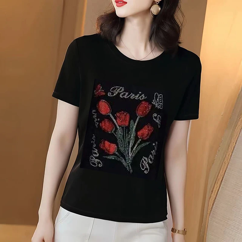 夏季新款2025半袖t恤女修身显瘦妈妈装短袖圆领烫钻时尚高级