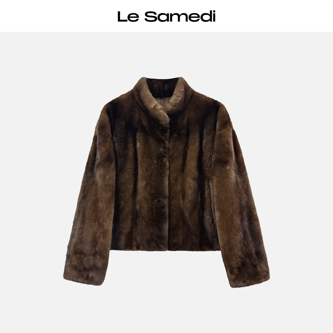 Le Samedi马油叶儿【马德里旧梦】saga白金短二水貂抽绳摆立领外套