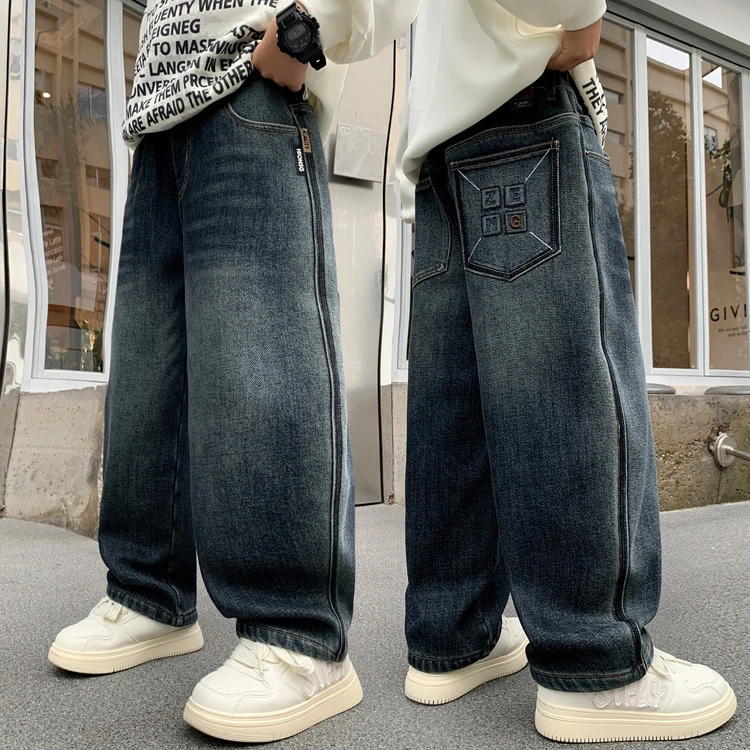 儿童春秋款直筒牛仔裤2025新款长裤中大童宽松阔腿裤子美式复古潮