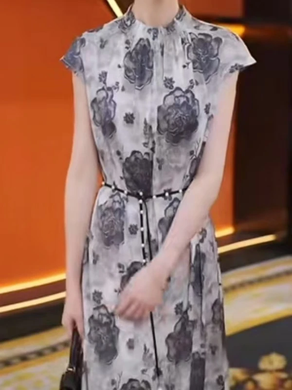 S03吊带夏季修身无袖气质修身吸湿排汗连衣裙圆领水墨