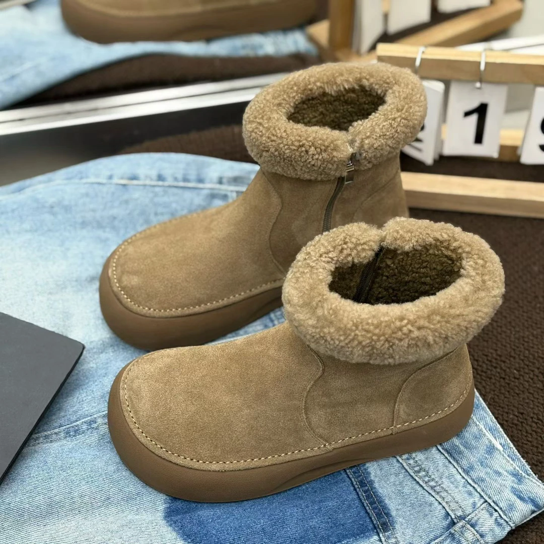 真皮雪地靴女厚底加绒保暖棉鞋2025冬季新款磨砂皮复古短靴28-628