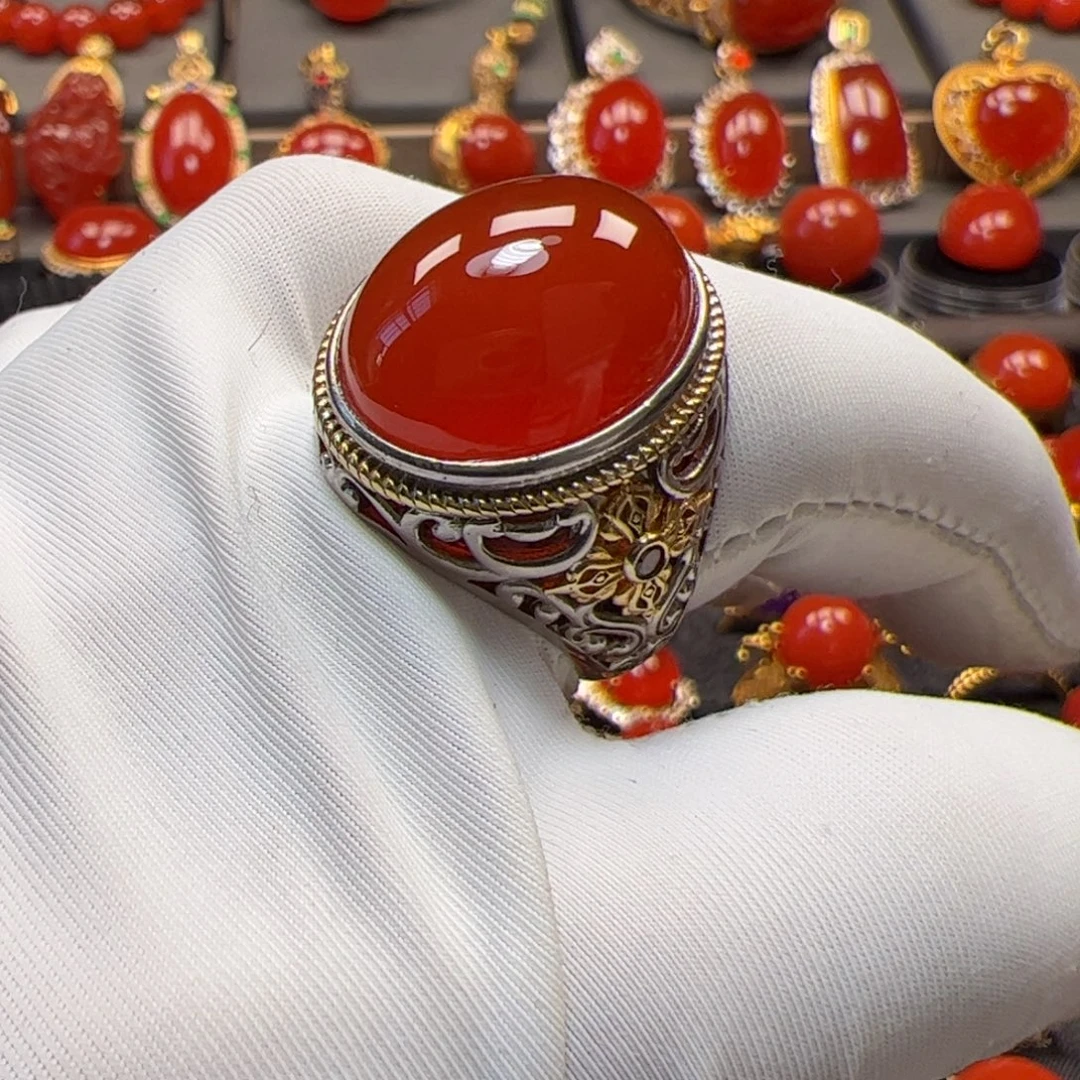 南红玛瑙银S925镶嵌戒指原矿精品冰红925银男戒