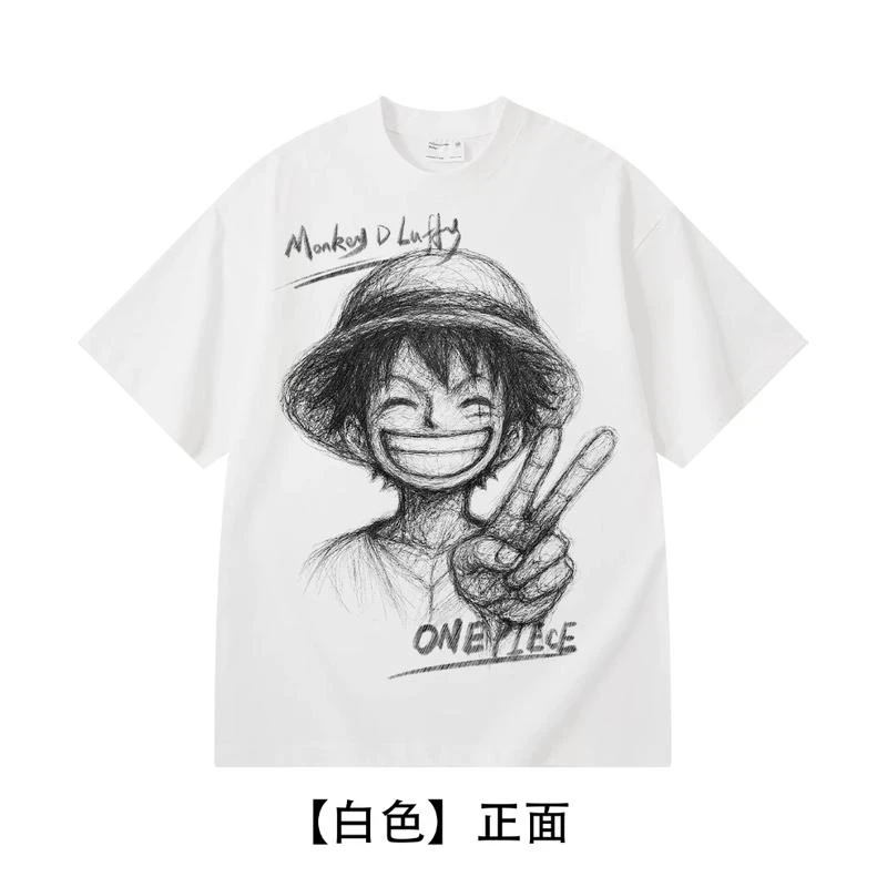 素描路飞美式宽松纯棉印花白色短袖男士T恤涂鸦夏季休闲上衣