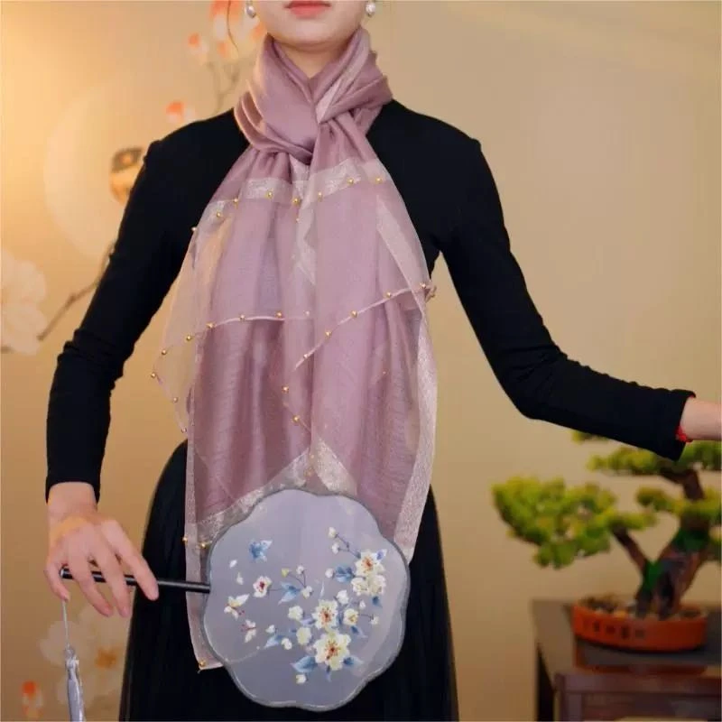 新款桑蚕丝丝巾洋气时尚钉珠纱巾