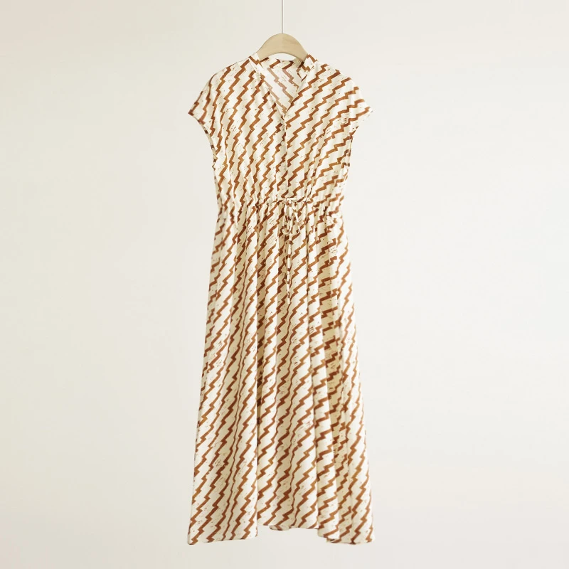 春夏新款外贸品牌 真丝双绉100%桑蚕丝印花V领女士连衣裙（250821）